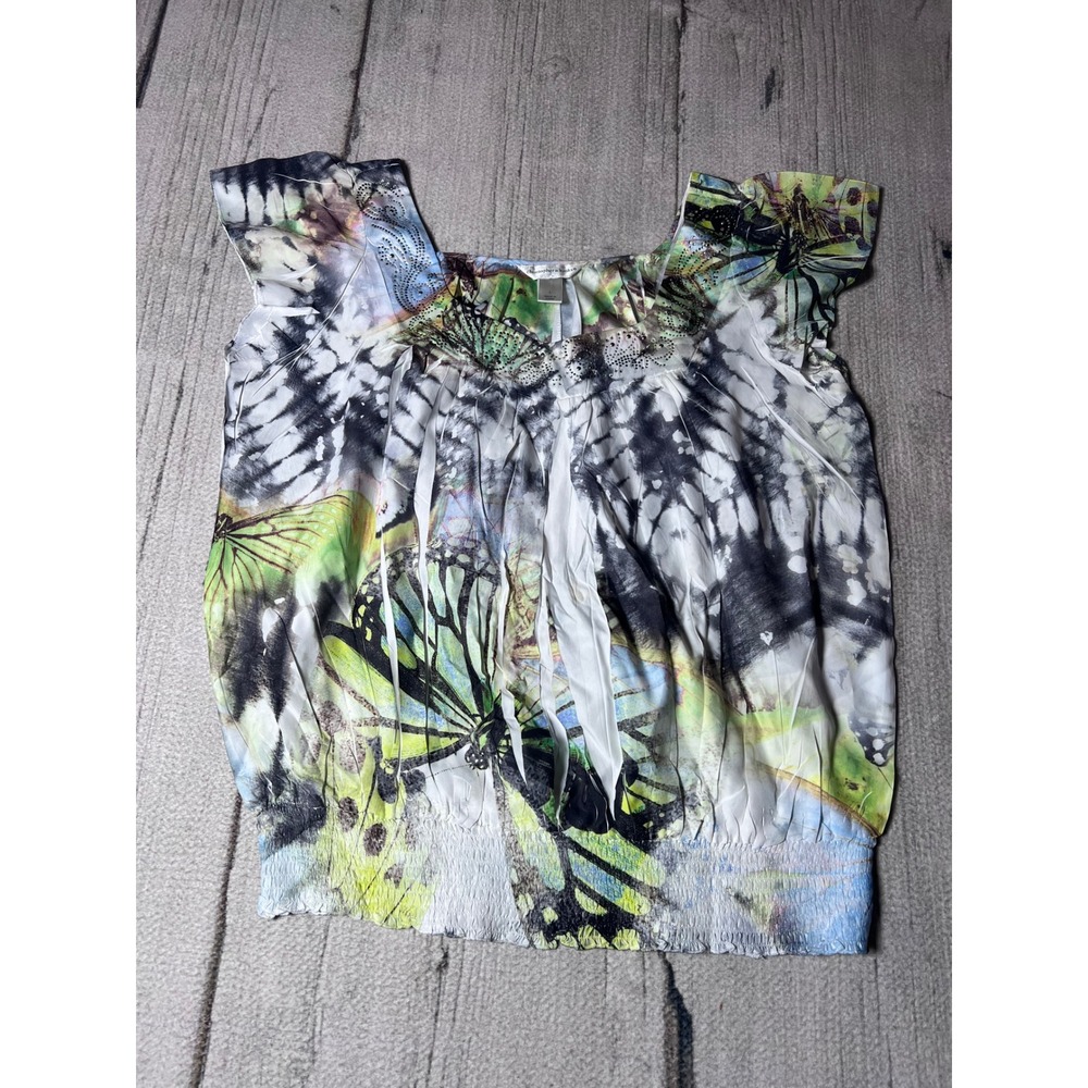 Christopher & Banks Womens‎ Y2K Butterfly Blouse Green Black Rhinestone Large